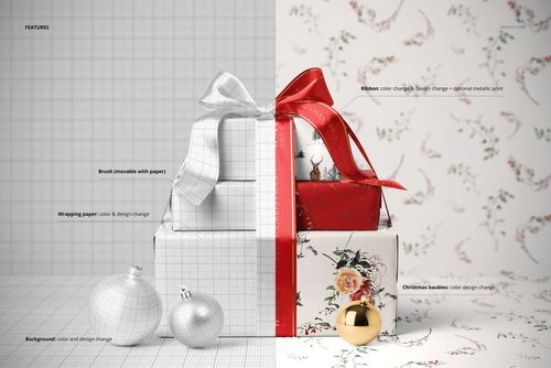 Three stacked Christmas gift boxes with decorative ribbons and baubles, shown in a split design mockup with grid and festive patterns.