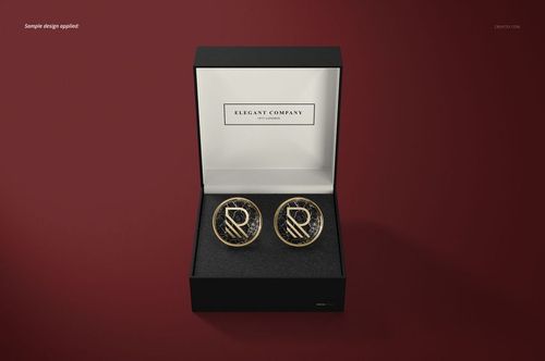 Cufflinks mockup set featuring two circular cufflinks in a black presentation box, viewed from above.