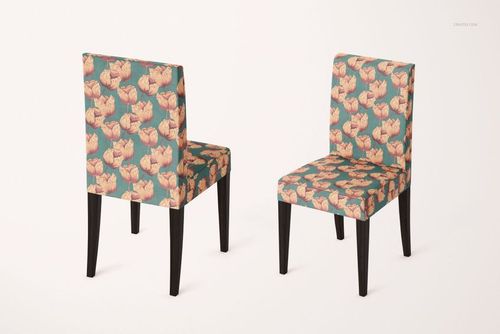 PSD mockup featuring two Henriksdal-style chairs with decorative upholstery in a studio setting.
