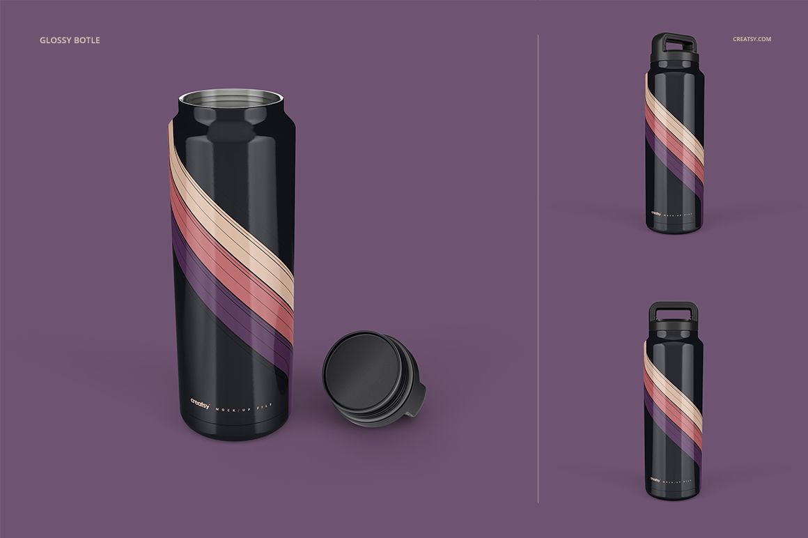 Stainless steel tumbler mockup featuring a black bottle with pink and beige curved stripes, lid shown beside bottle.