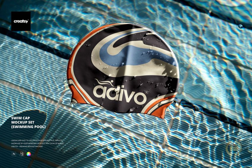Mockup of a swim cap featuring a dynamic pattern, shown from above in a clear blue swimming pool with water reflections.