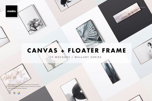 PSD mockup set showing canvases in floater frames, viewed from above, with minimalist and nature-inspired prints.