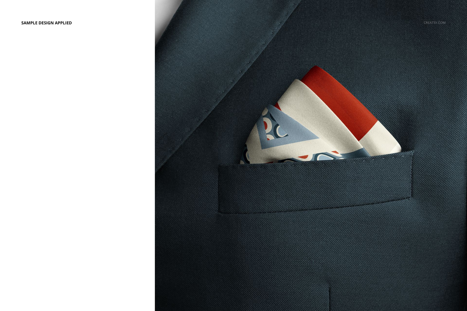 Pocket square mockup featuring a folded fabric with multicolor geometric design tucked into a navy suit jacket.