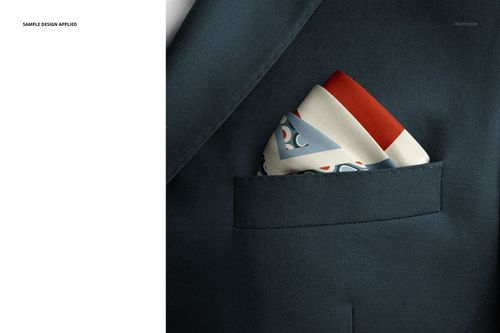Pocket square mockup featuring a folded fabric with multicolor geometric design tucked into a navy suit jacket.