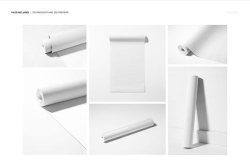 Non-woven vinyl wallpaper mockup set showing multiple white wallpaper rolls and sheets on a plain surface.