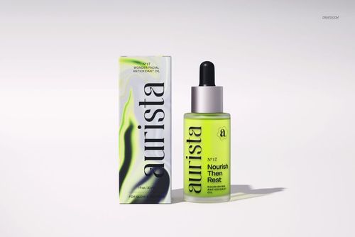 Dropper bottle mockup and rectangular packaging featuring bold green tones and dark accents, displayed side by side.