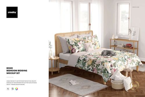 PSD mockup of a cozy bedroom featuring a floral bedding set, wooden furniture, and soft natural light.