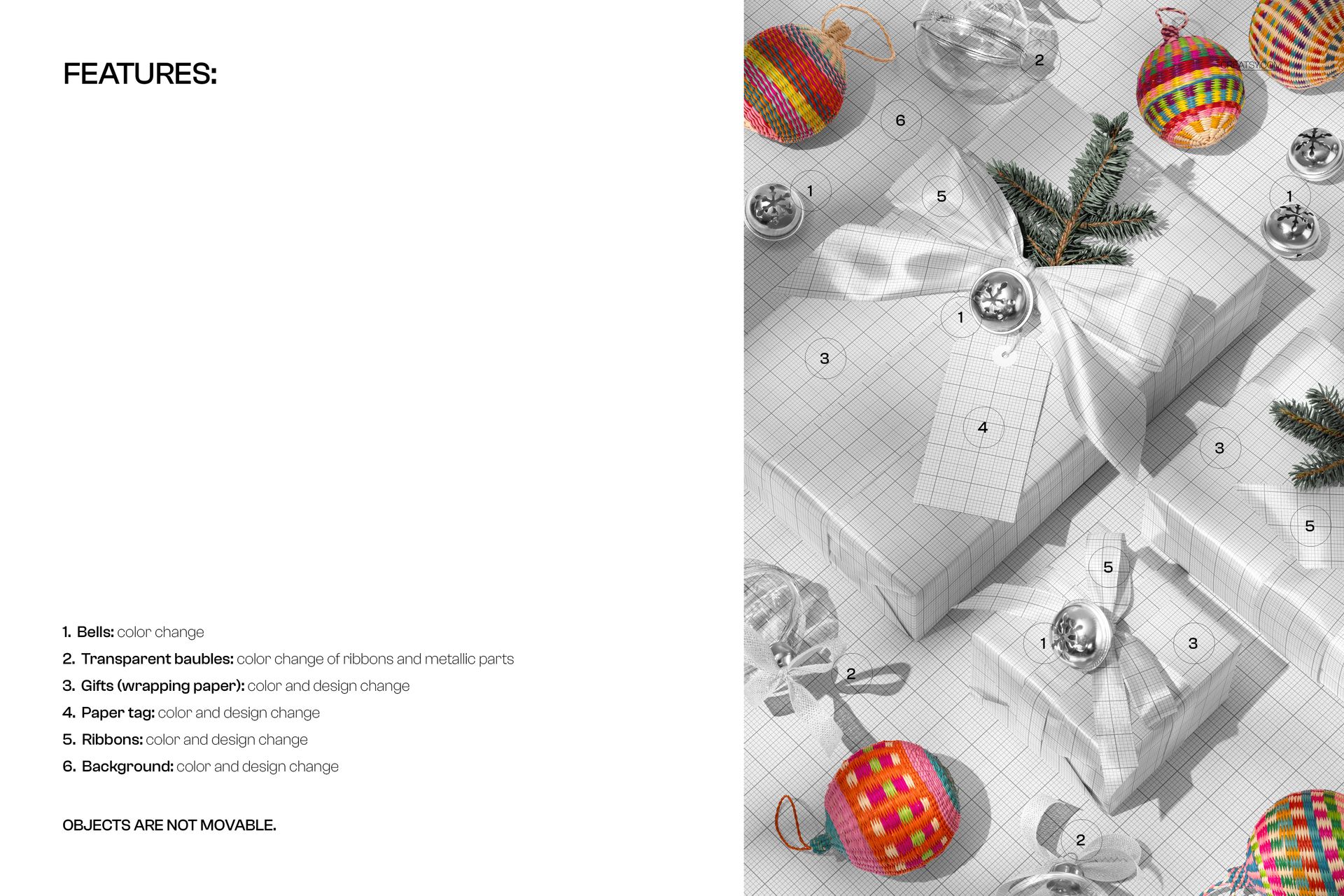 Christmas PSD mockup featuring gift boxes with silver bows, metallic jingle bells, and festive baubles on a grid background.