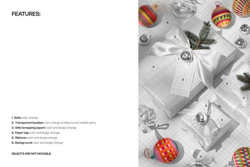 Christmas PSD mockup featuring gift boxes with silver bows, metallic jingle bells, and festive baubles on a grid background.