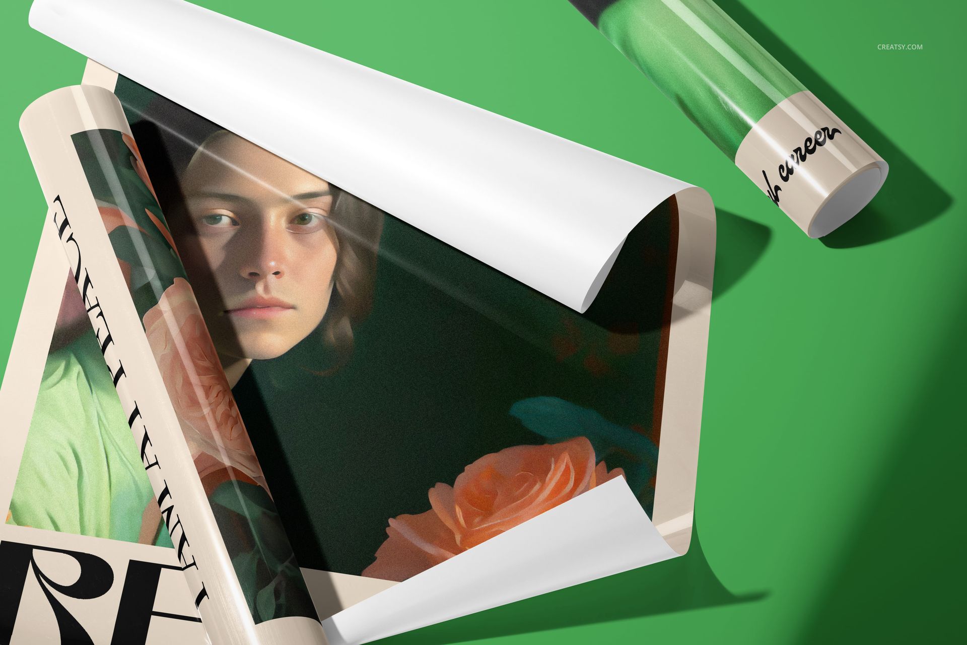 Rolled and unrolled glossy poster mockup with visible flower design, placed on a vibrant green background.