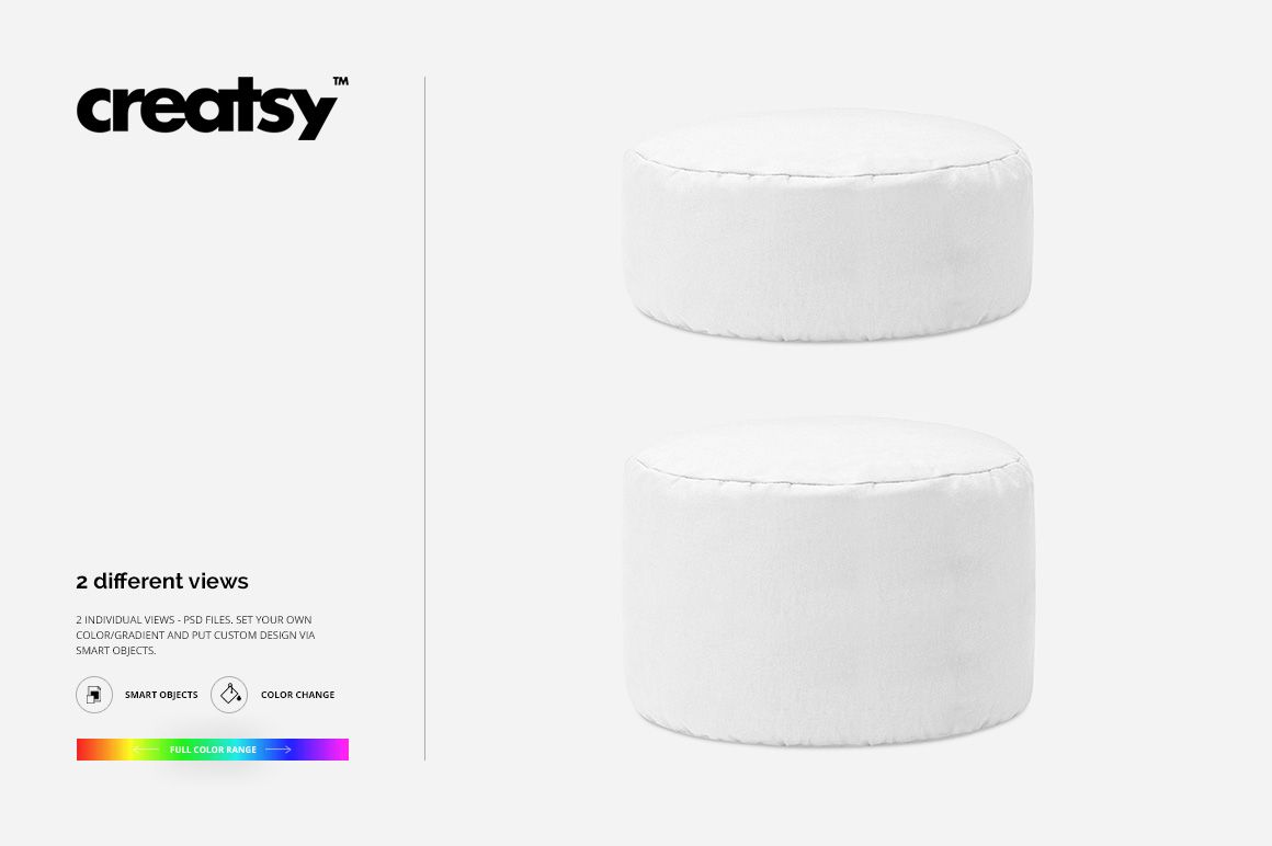 Two round white meditation cushions displayed on a plain light background, shown from a front angle in a mockup set.