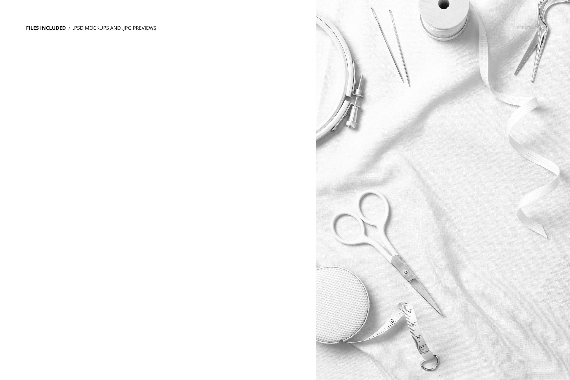 Flat lay of sewing accessories such as thread spool, embroidery hoop, and scissors on plain cotton fabric mockup.