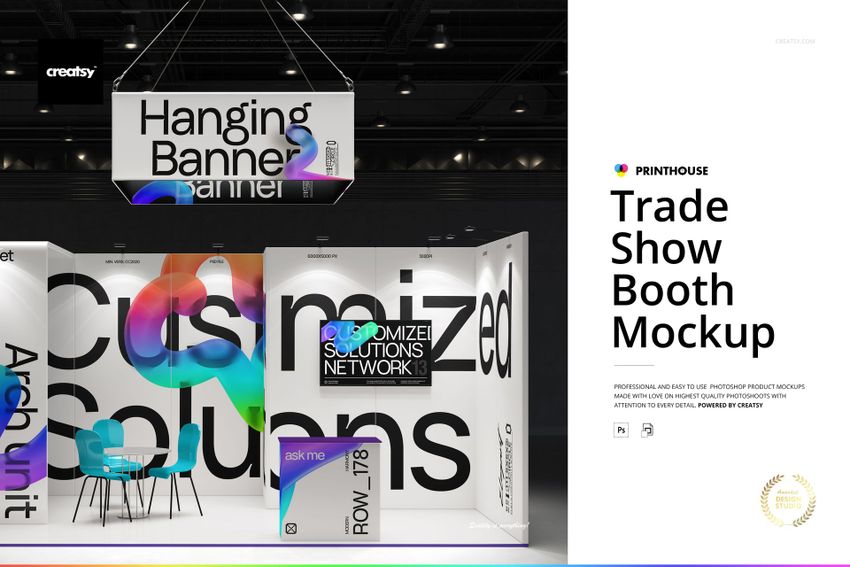 Trade show booth mockup with large hanging banner, wall panels, and chairs, featuring bold black text and colorful accents.