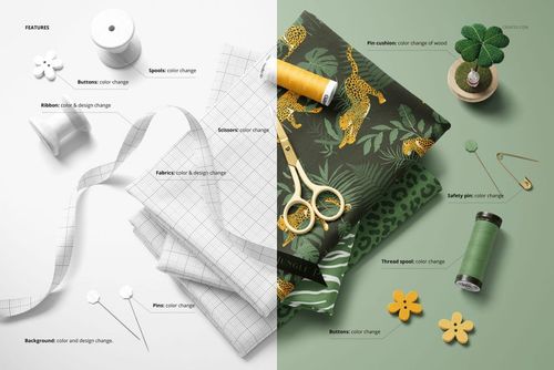 Mockup featuring folded fabrics with animal and leaf designs, sewing accessories, and a spool of thread, overhead perspective.