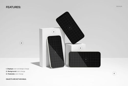 PSD mockup featuring trio of iPhone 12 Pro phones with dark grid displays, set on simple white blocks against a soft background.