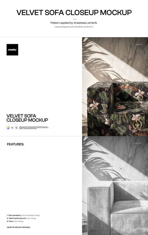 PSD mockup showing a velvet upholstered sofa in floral print, positioned in sunlight with leaf shadows on the wall.