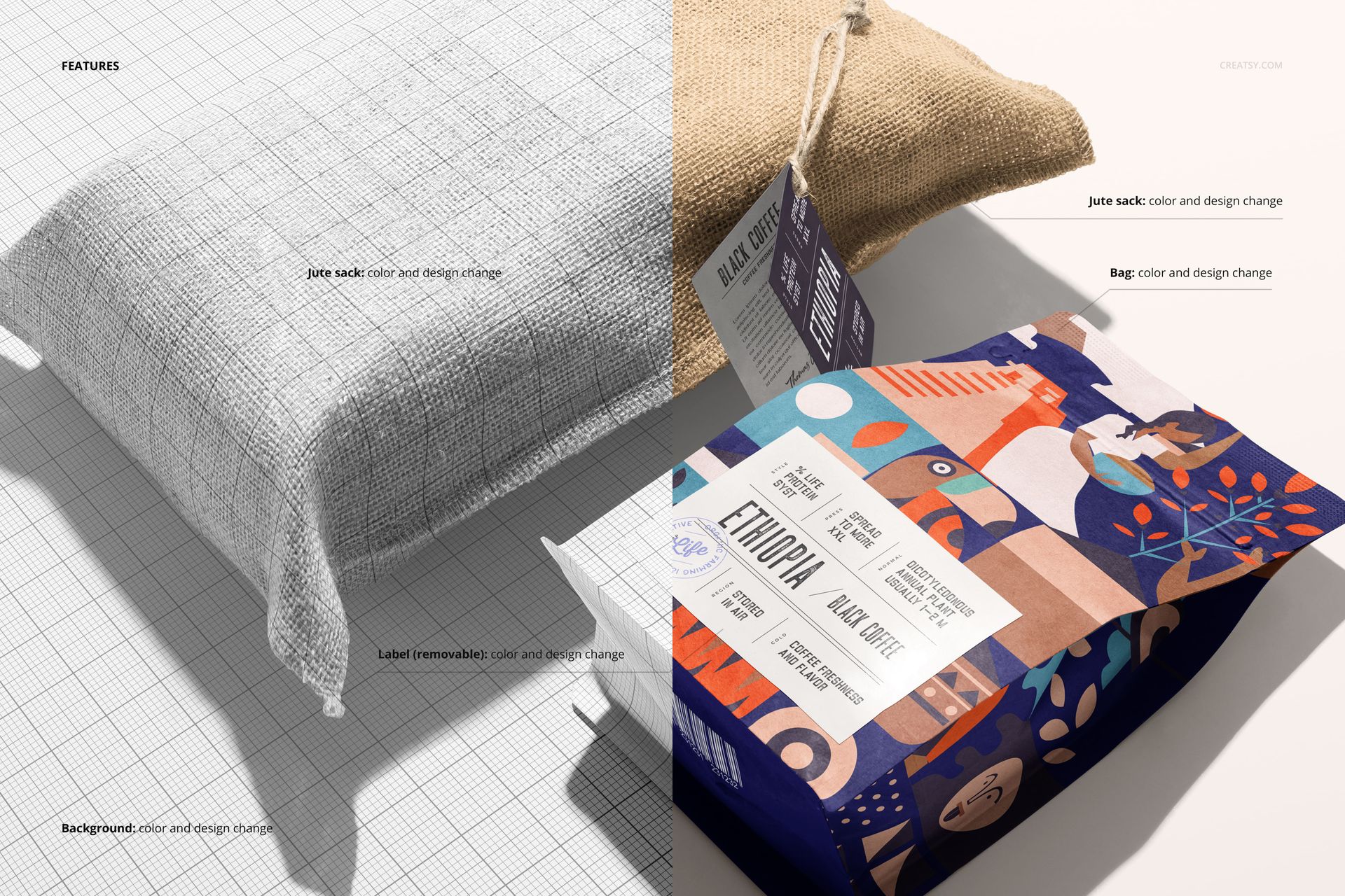 Front view of a coffee bag mockup set showing a colorful patterned bag with label and a textured jute sack on a split background.