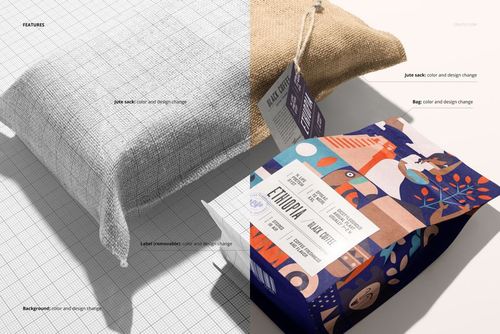 Front view of a coffee bag mockup set showing a colorful patterned bag with label and a textured jute sack on a split background.