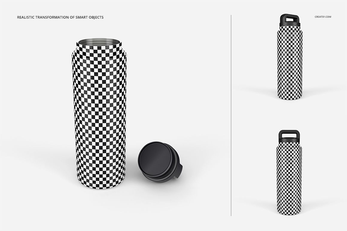 Insulated stainless steel tumbler mockup with a checkered pattern, shown in front view with lid beside it.