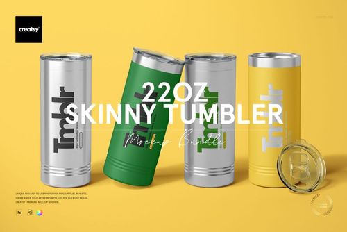 Four 22oz skinny tumblers in silver, green, and yellow colors displayed upright on a yellow background with lids.