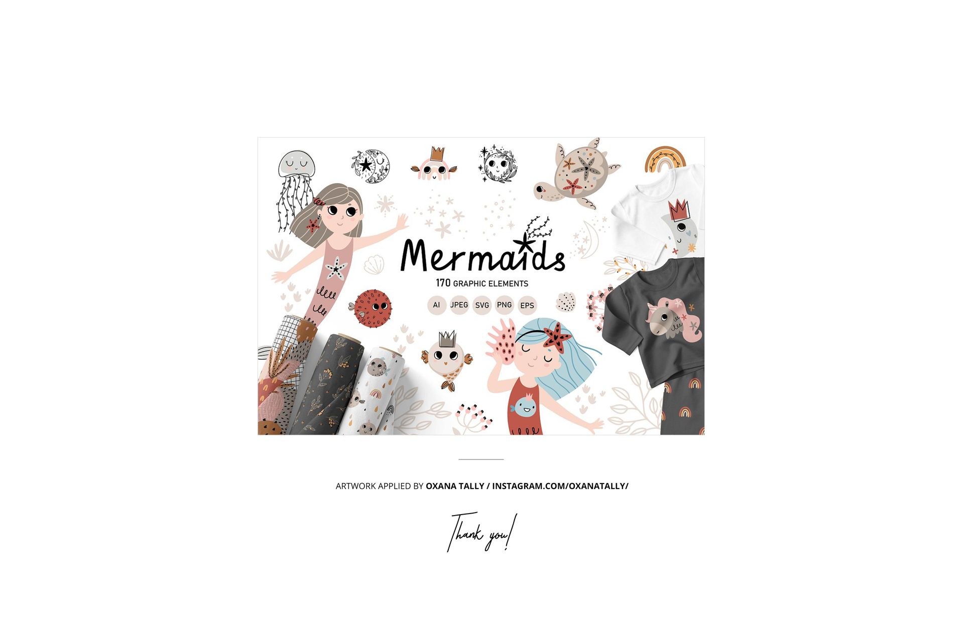 Wooden baby teether mockup set displayed with illustrated mermaid and animal graphics, shown from a top view.