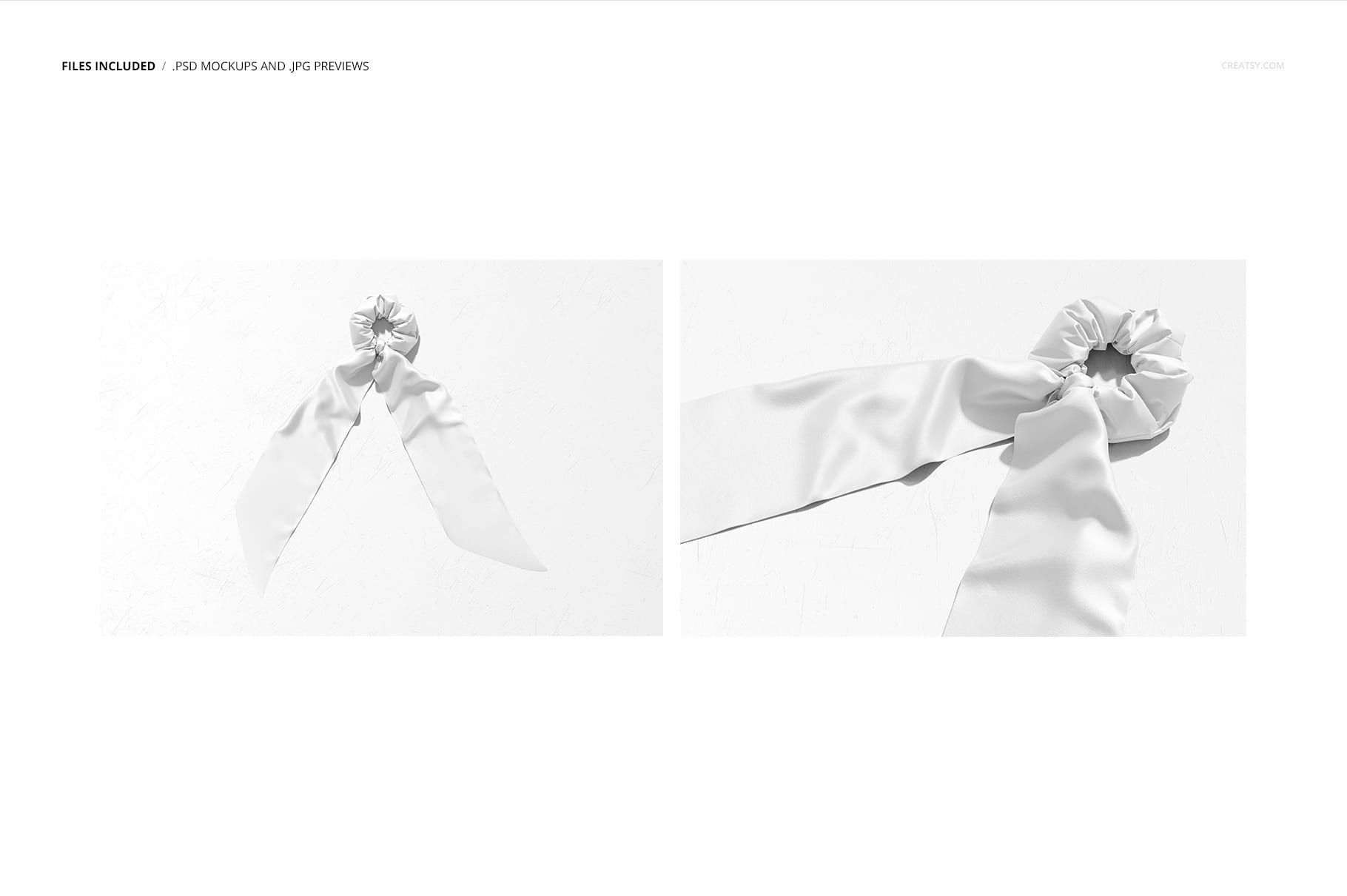 Close-up of a white fabric scrunchie scarf mockup, featuring long scarf tails and minimalistic styling on white.