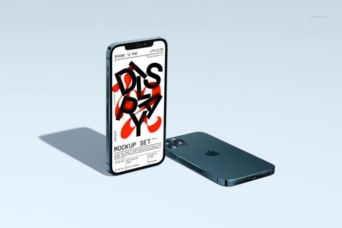 Front and back view of an iPhone 12 Pro displayed on a light surface, featuring a PSD mockup design on the screen.