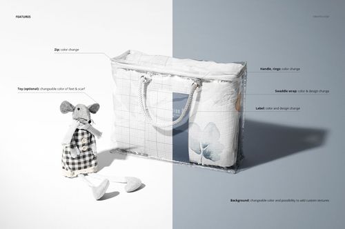 Front view of a newborn swaddle wrap mockup set with a transparent bag, folded wrap, and a plush toy mouse on a split white and gray background.