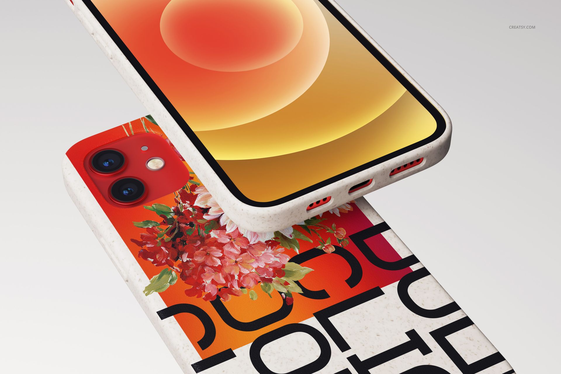 iPhone 12 case with eco-friendly speckled texture, featuring floral and graphic designs, shown in a mockup set.