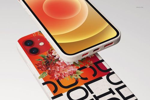 iPhone 12 case with eco-friendly speckled texture, featuring floral and graphic designs, shown in a mockup set.