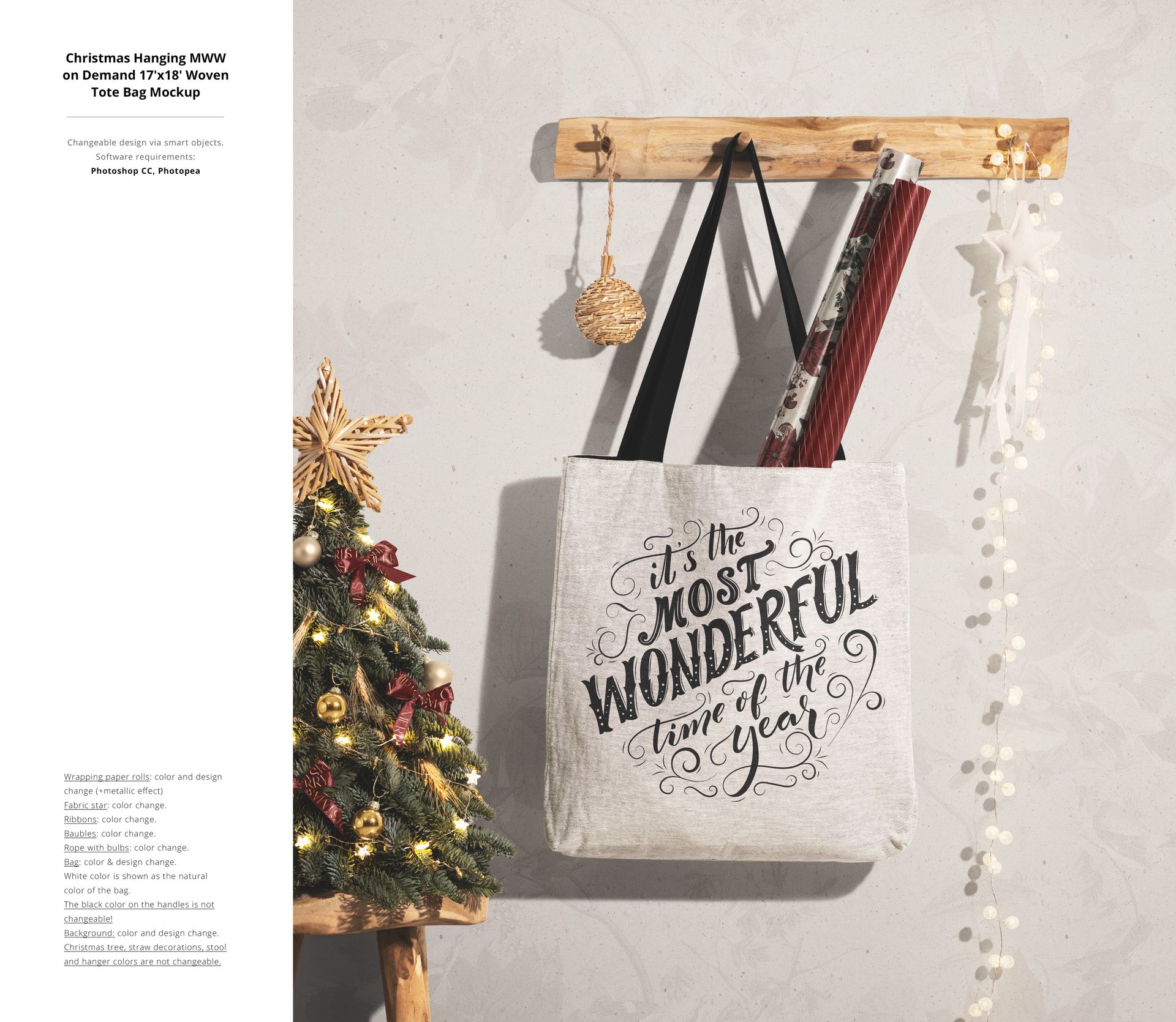 Front view of a Christmas-themed tote bag mockup hanging on a wooden rack, with gift wrap rolls and festive decor.