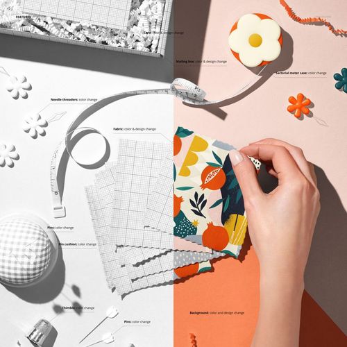 Flat lay of patterned jersey fabric swatches mockup, measuring tape, grid papers, and decorative flower props.