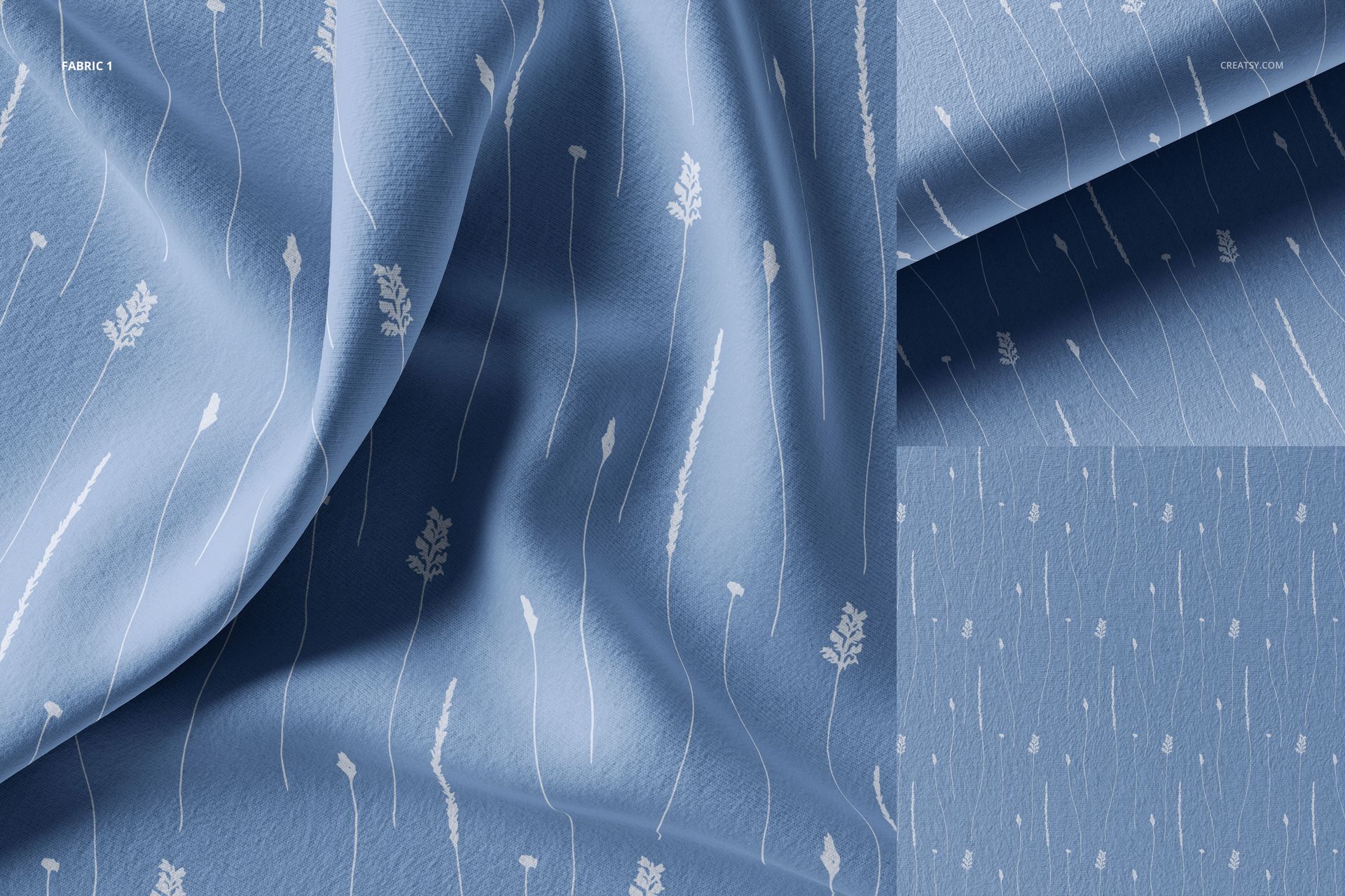 Blue fabric tester mockup set with subtle white botanical patterns, shown from multiple angles and folded sections.
