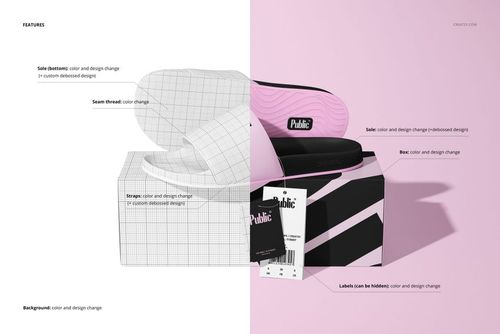 Slip-on slide sandals mockup displayed on a shoebox, left side shows grid design, right side features pink and black colors.