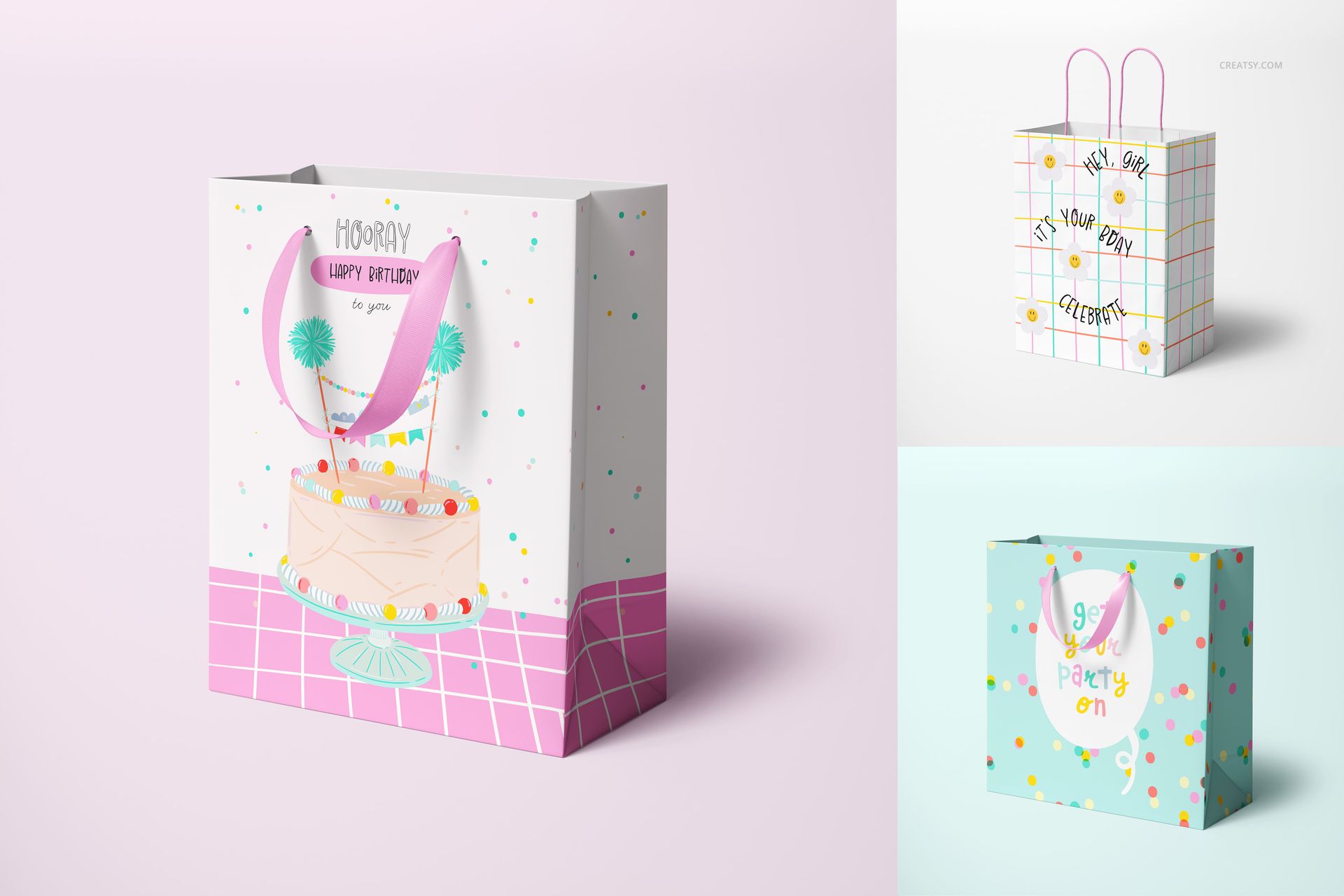 PSD mockup of paper gift bags in various sizes, decorated with cheerful patterns and party elements, displayed from front and side views.