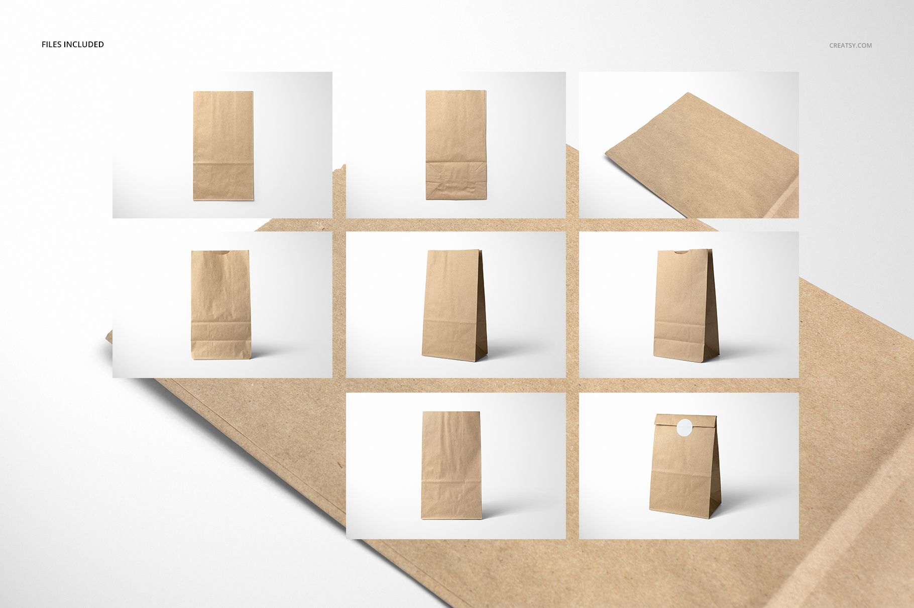 Set of kraft paper lunch bags in various positions and angles, displayed on a light background for packaging mockup.