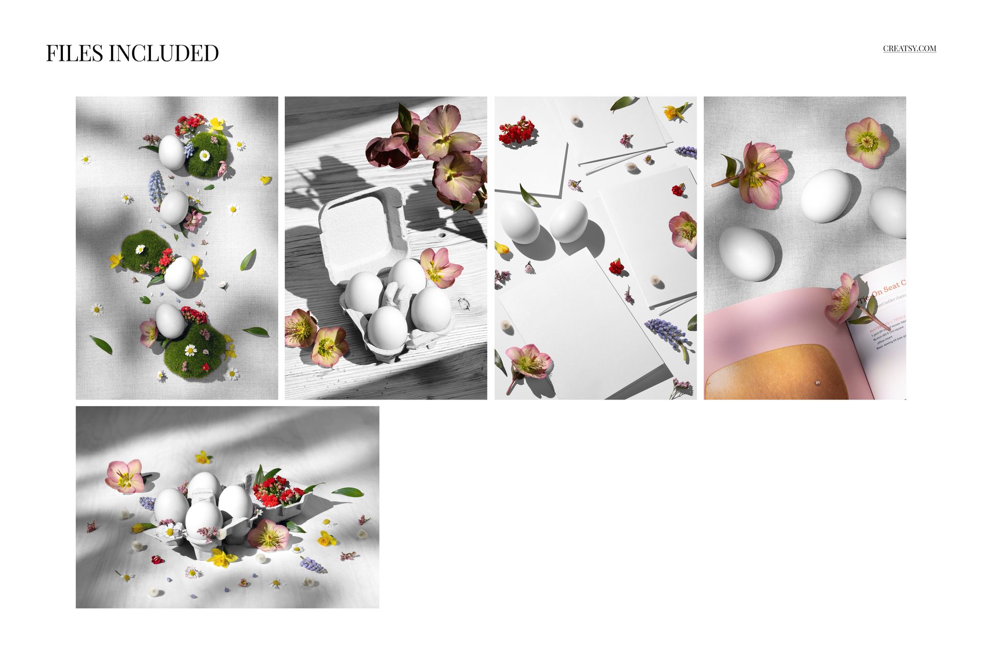 Front view of Easter eggs arranged with colorful flowers on white surfaces, shown in various mockup scenes.