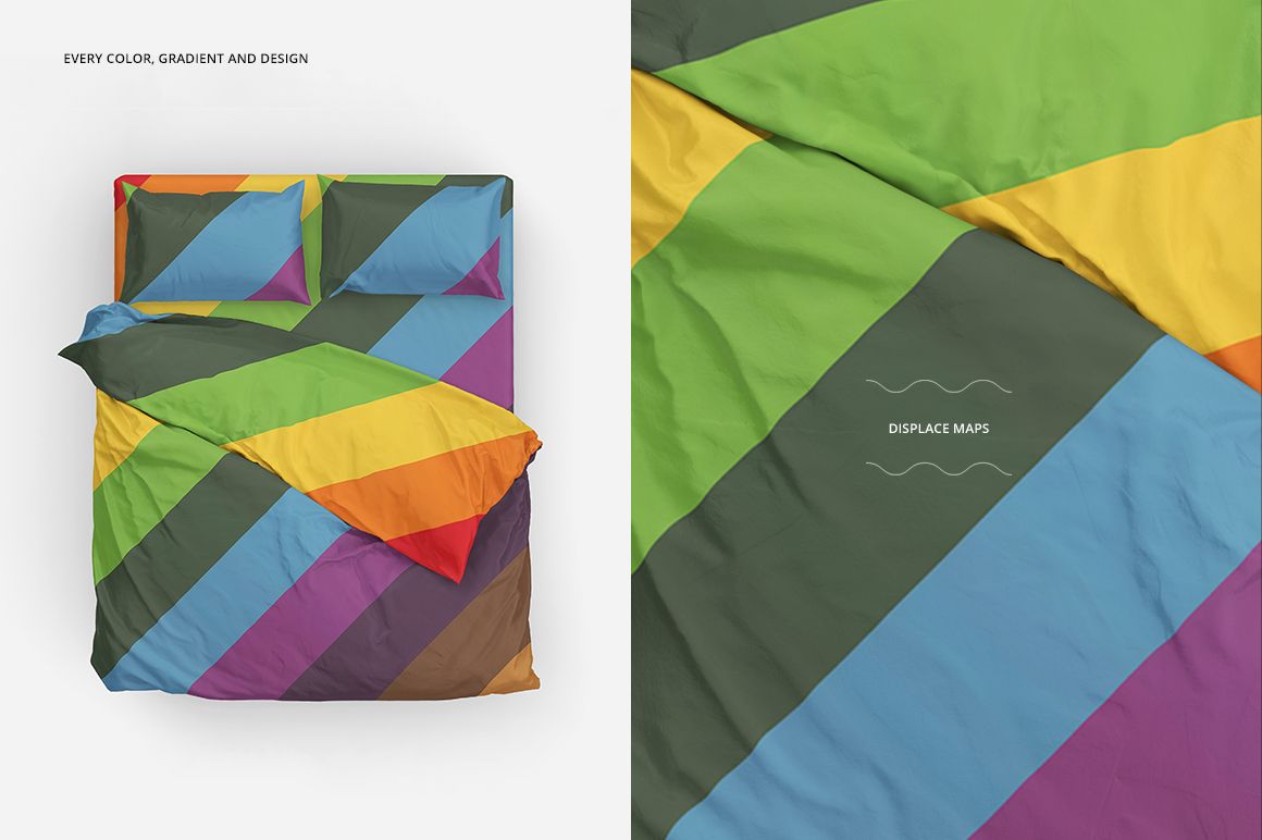 Colorful bedding mockup on a double bed with geometric diagonal stripes, viewed from above with matching pillows.