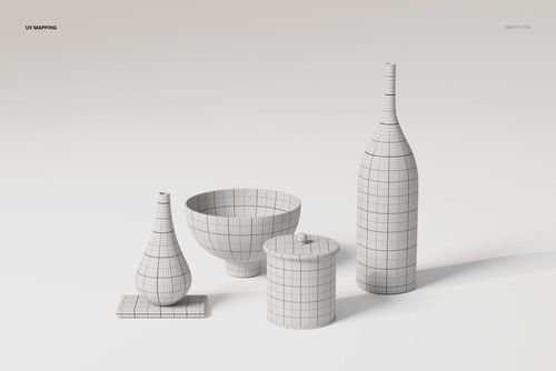 Front view of a modern ceramic vase set including four geometric vessels with grid texture on a white background.