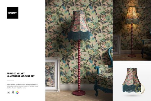 Fringed velvet lampshade mockup featuring a retro floral design, displayed beside an ornate armchair and wall art.