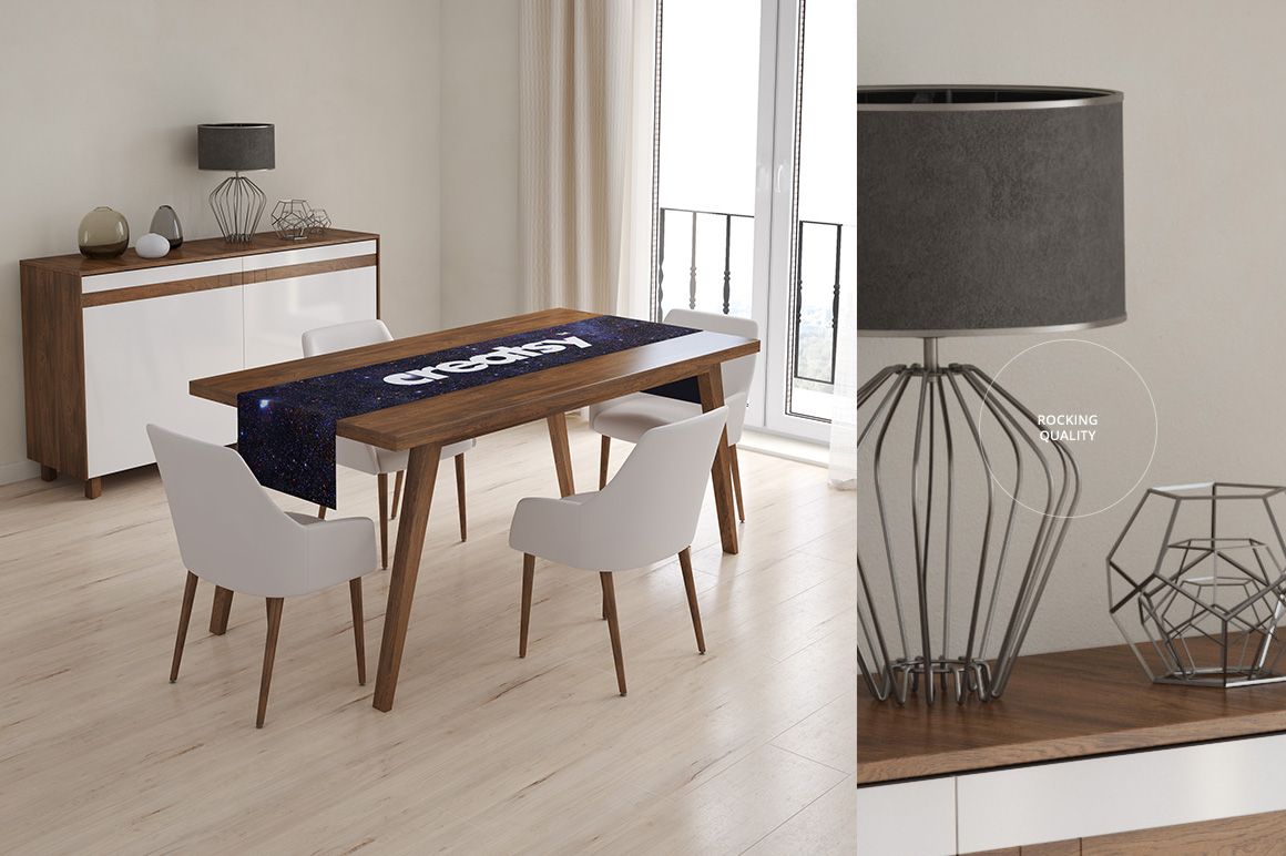 Table runner mockup displayed on a wooden table in a bright interior, accompanied by minimalist decor and white chairs.