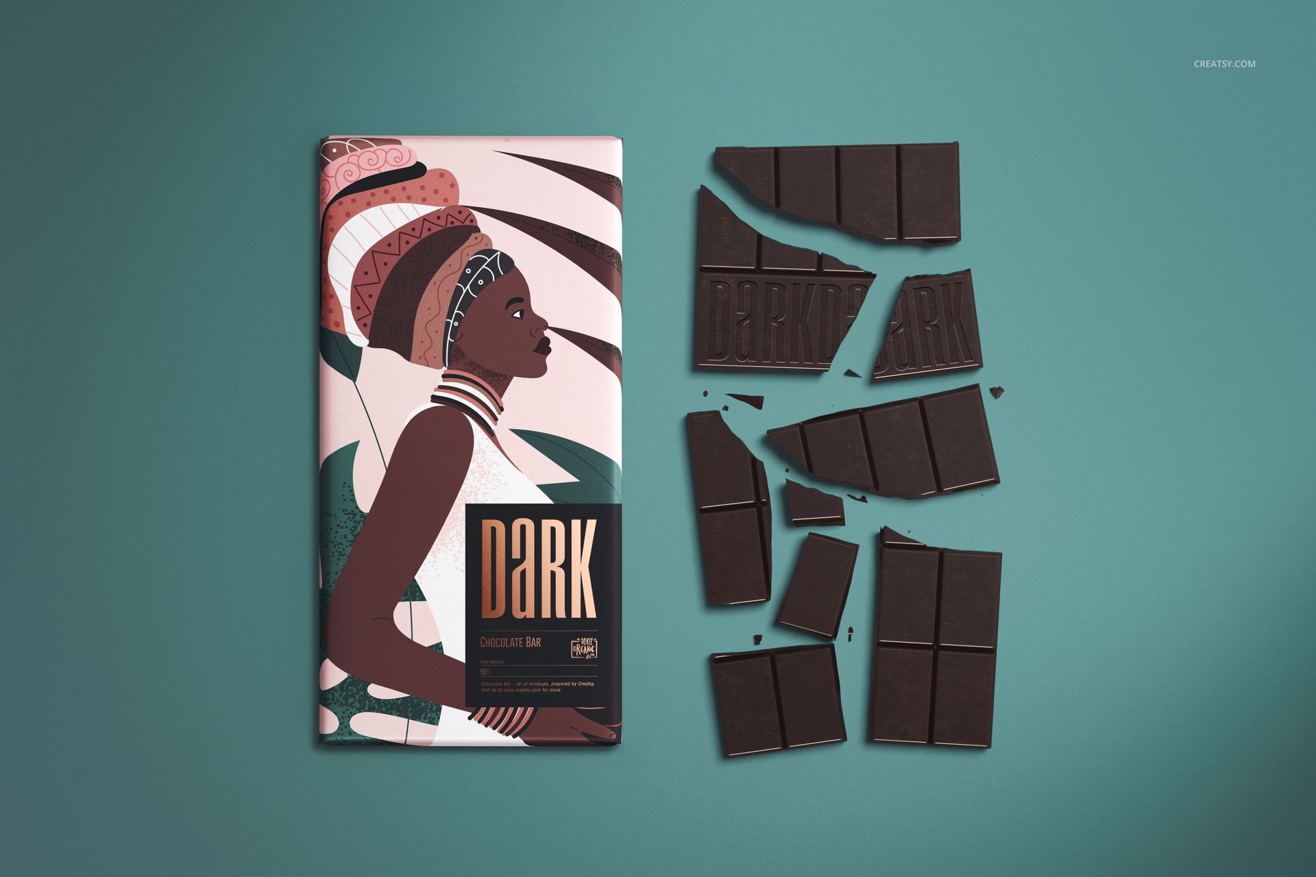 Chocolate bar mockup featuring a rectangular package with an illustrated design, shown next to broken dark chocolate pieces on a teal background.