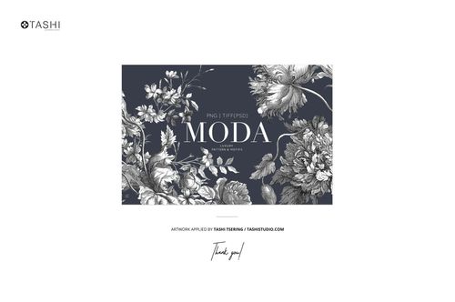 Front view of a fabric dress mockup featuring a dark background with large white floral illustrations and text.