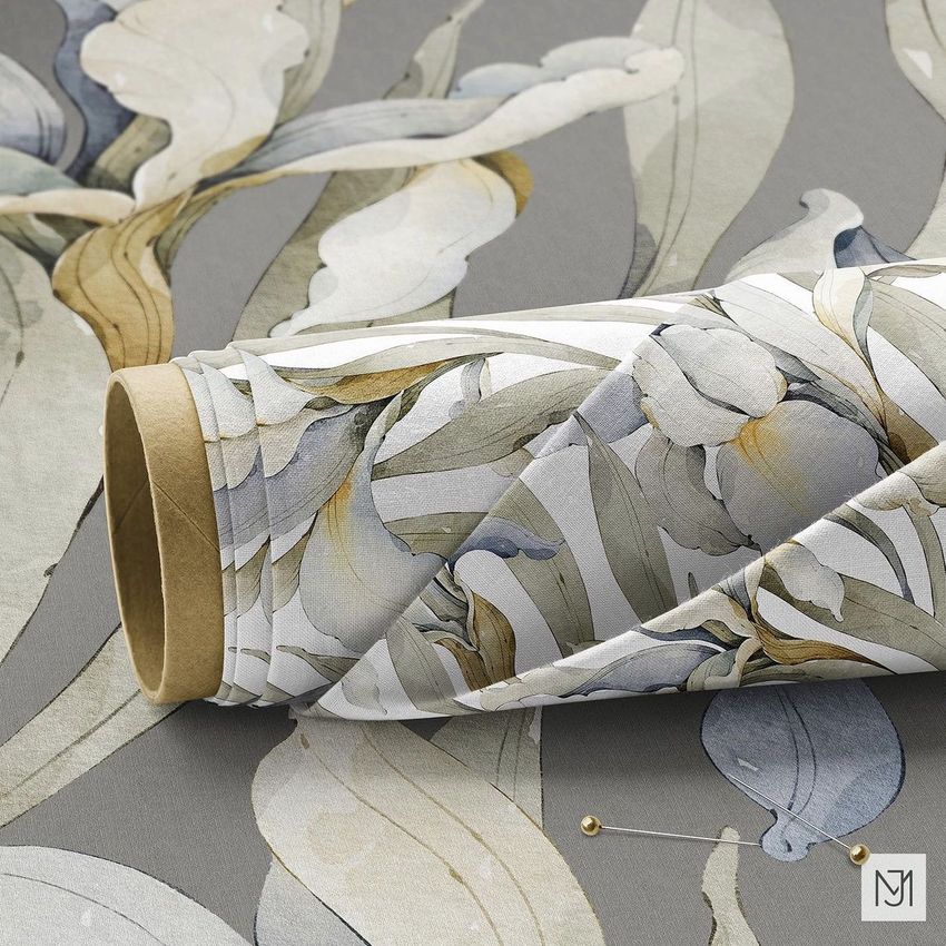 Fabric roll mockup featuring a seamless iris flower pattern in muted gray, beige, and blue tones on a flat textile surface.