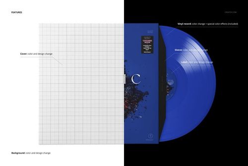 Top view of a colored vinyl record mockup set, featuring a blue record and customizable cover design split in half.