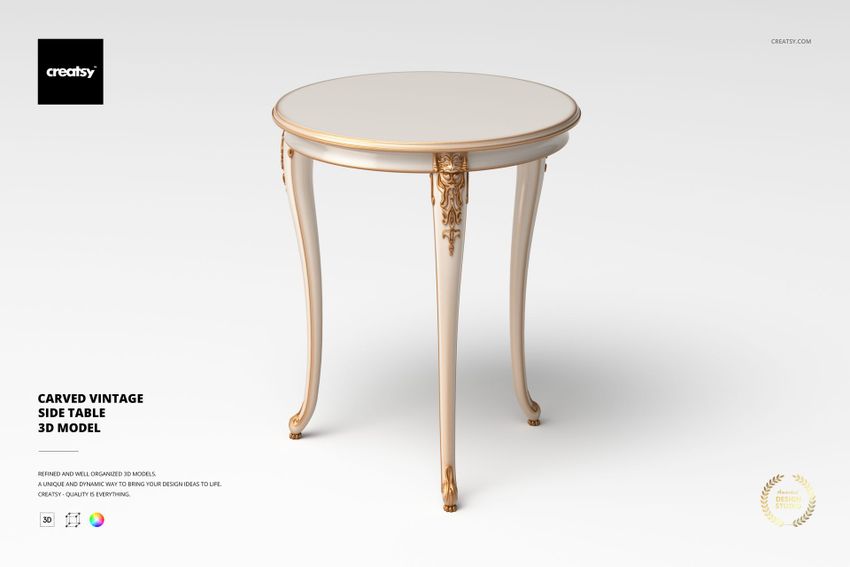 Round carved vintage side table with ornate gold accents on legs, shown from a front angle on a plain white background.