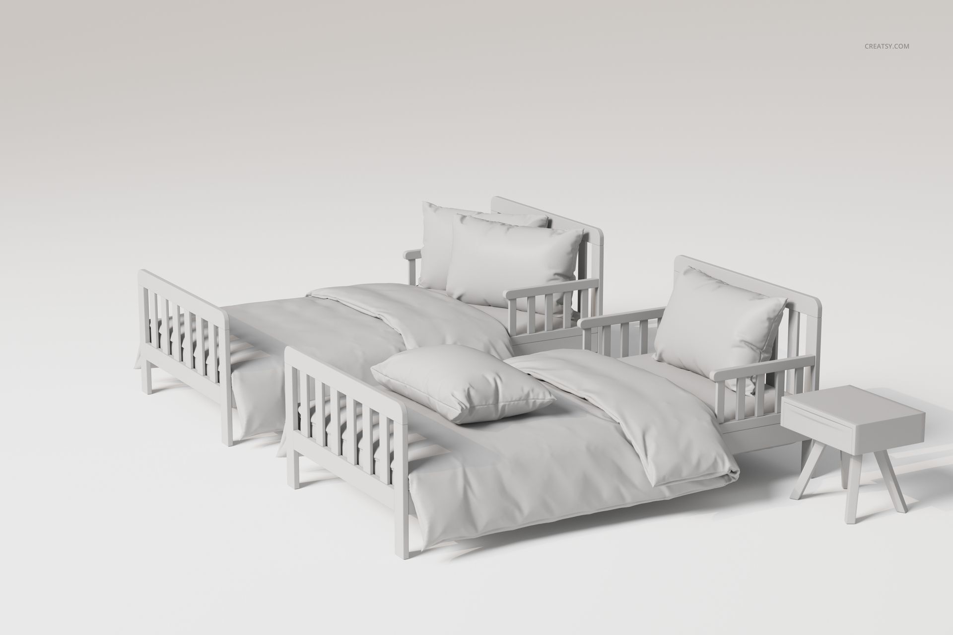 Front view of two kids beds with matching bedding, pillows, and a small nightstand in a minimalist white scene.