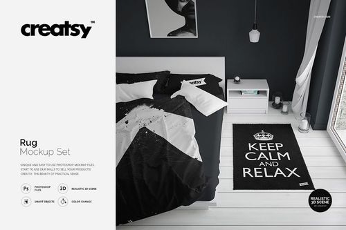 PSD mockup of a bedroom interior with a black rug displaying white lettering, next to a bed with abstract bedding.