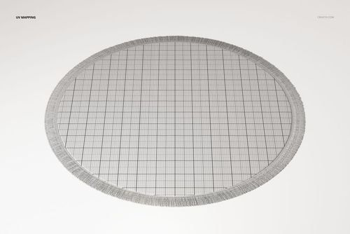 Round fringed rug with a grid pattern, shown from a top view on a light background, displaying fabric texture.