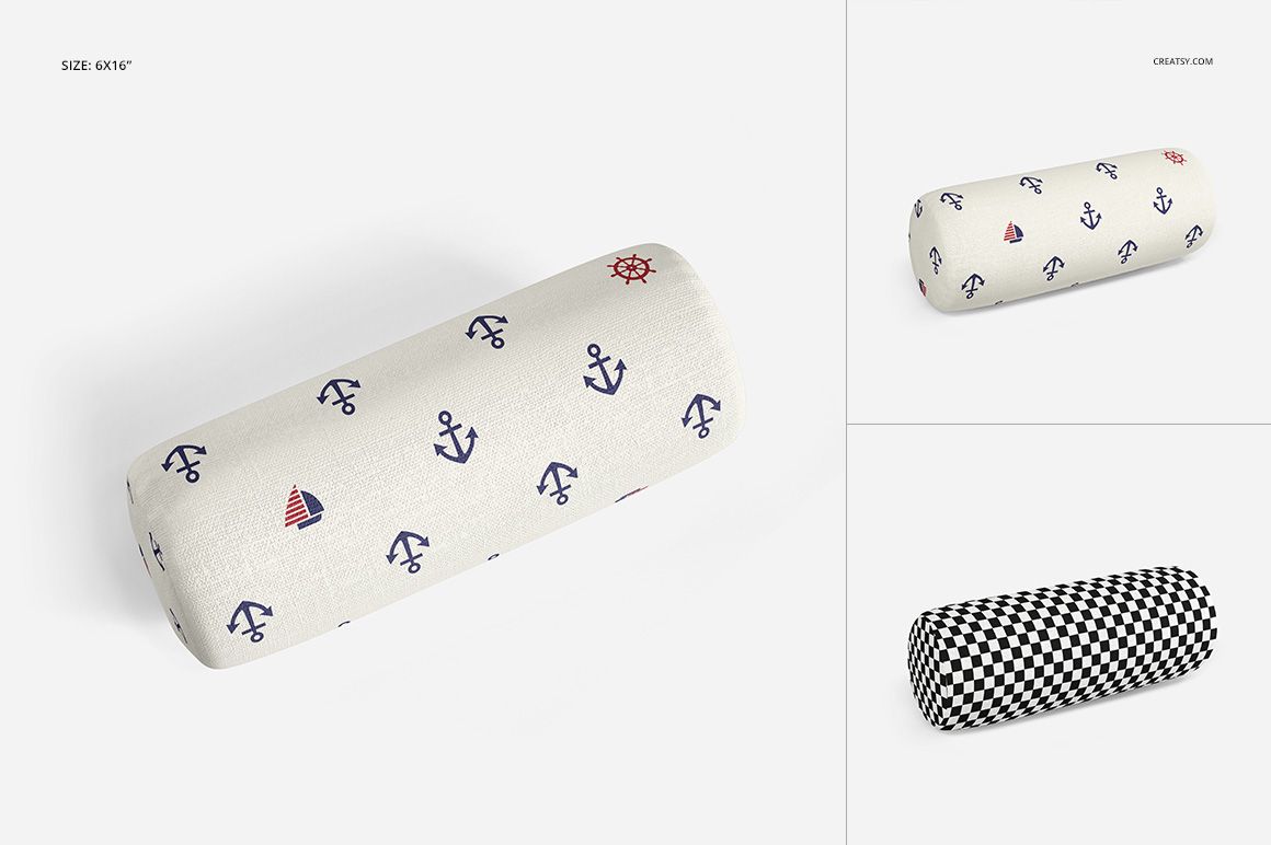 Bolster pillow mockup set showing cylindrical pillows with nautical and checkered patterns on a white background.